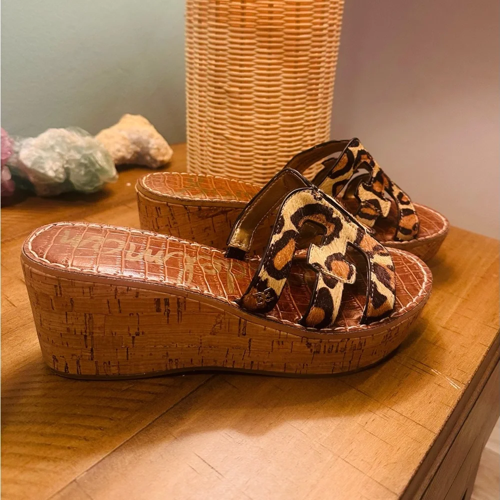 Sam Edelman Regis Leather Leopard Print Calf Hair Wedge Sandal Size 7.5